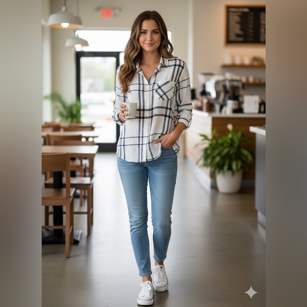 Rails Charli Linen Blend Plaid button up shirt vanilla/navy size XS